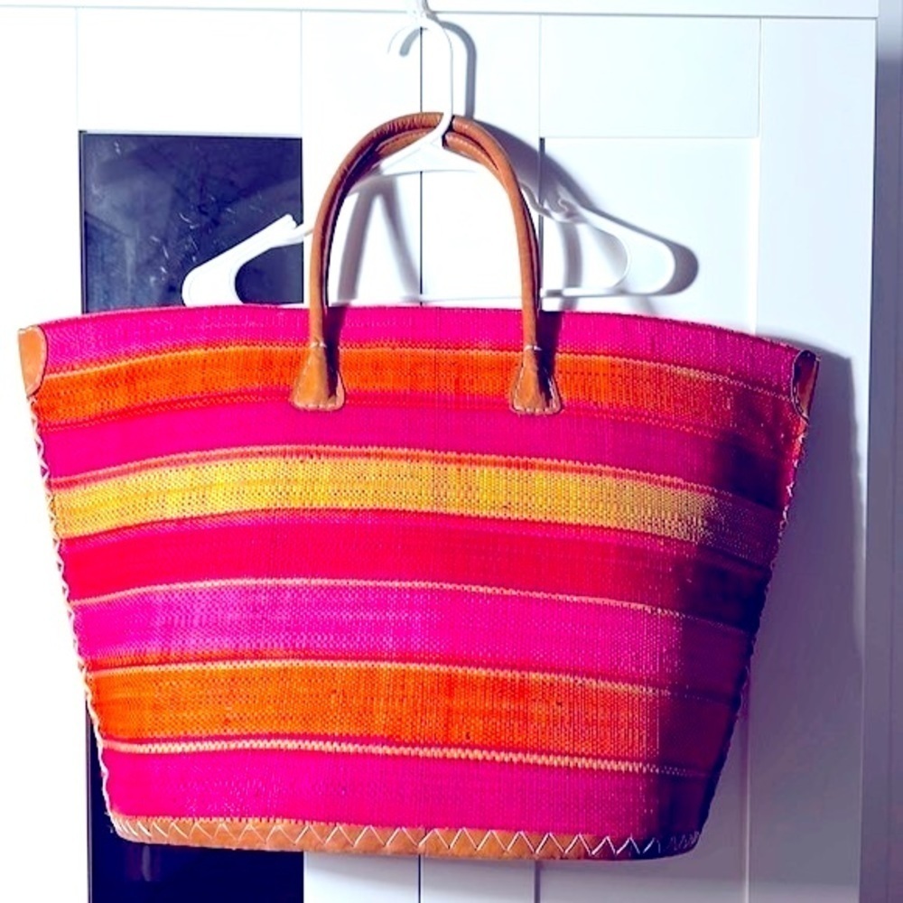 New Large Rayo Straw Basket - Orange Red and Pink Stripe Raffia Beach Bag